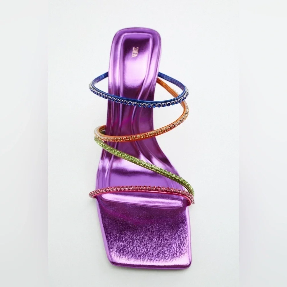 NWT. Zara Purple Heeled Sandals with Rhinestones Straps. Size 8. - Picture 3 of 8